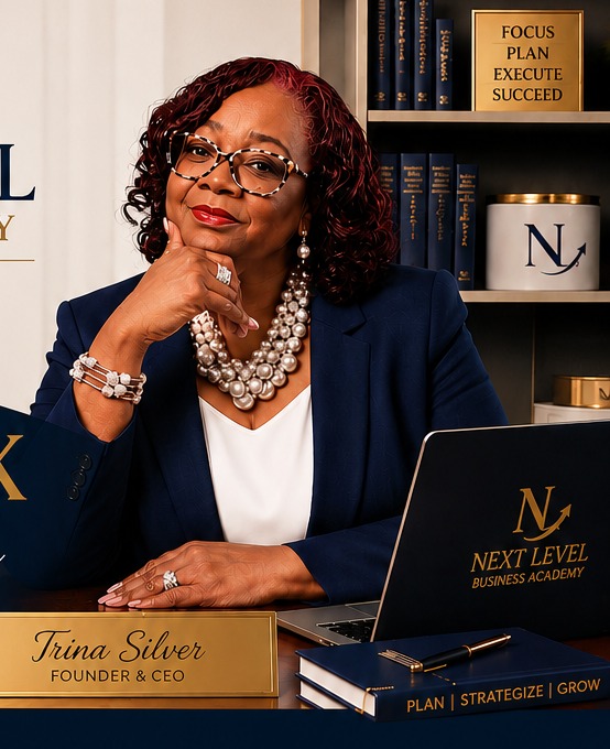 Coach Trina Silver at her desk during a Next Level Business Academy session
