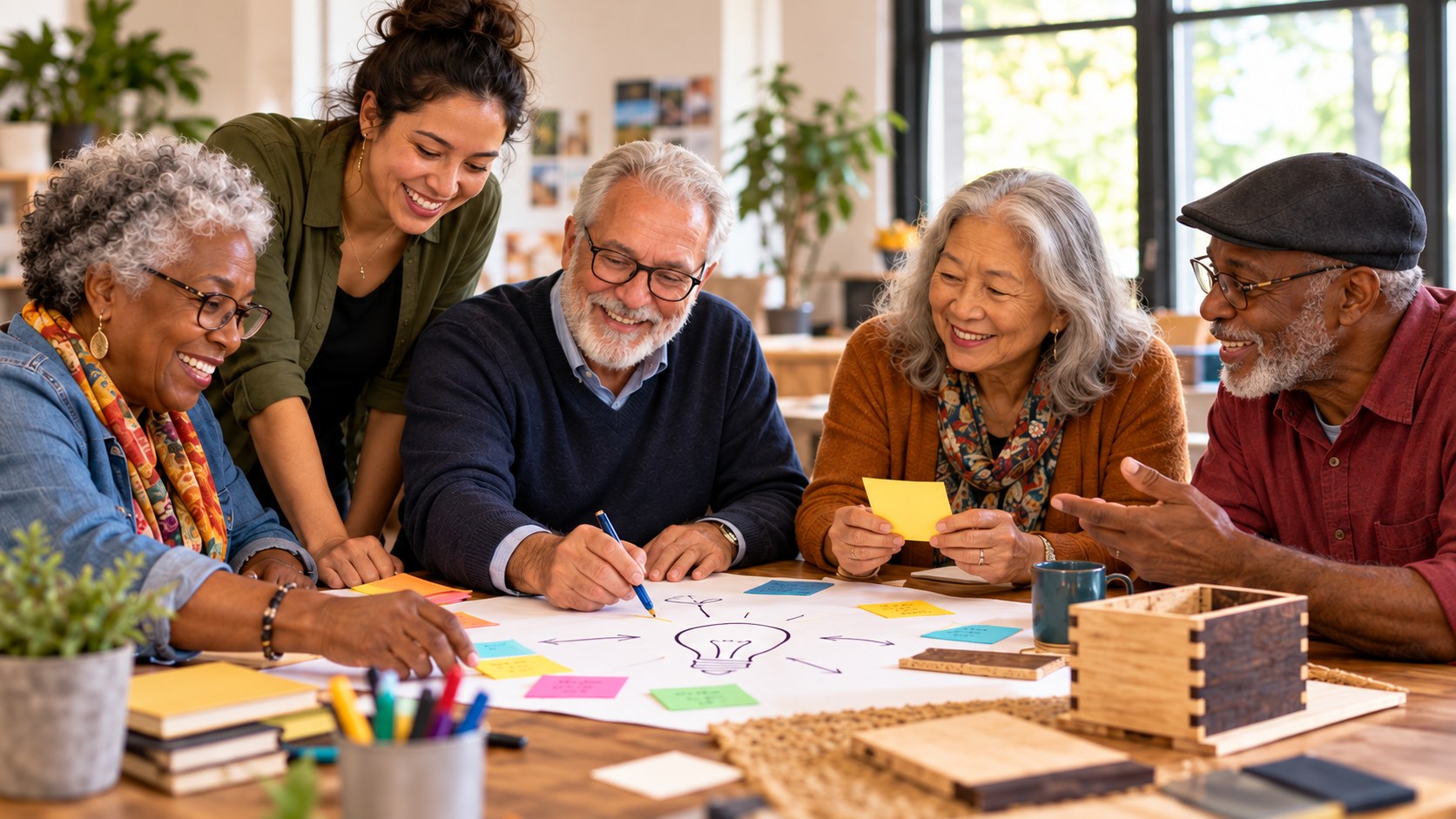 Older adults smiling and working together around a table with notes and markers